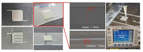 제작된 커패시터(좌)와 인쇄 및 측정 (우)