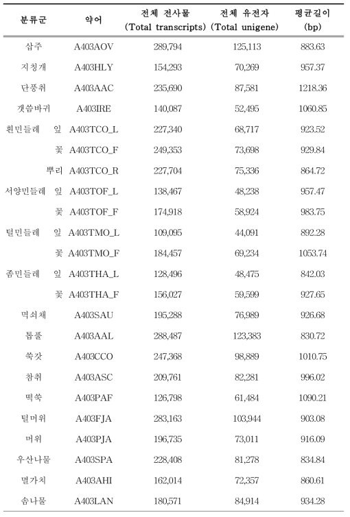 국화과 15종의 어셈블리된 핵전사체 정보