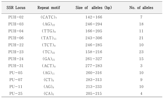 12개의 SSR 마커에서 관찰된 대립유전자의 크기 (bp)와 수