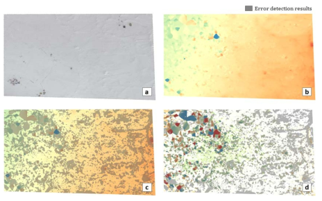 무인기 DSM에 대한 오차탐지 결과(a: 모자이크 영상, b: 무인기 DSM, c: 무인기 DSM과 오차탐지 결과 비교, d: 오차맵과 오차탐지 결과 비교)