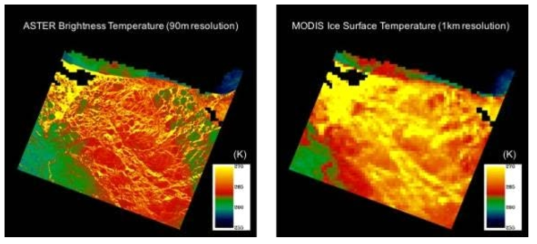 2004년 3월 17일 촬영된 알래스카 Nome 연안 위성 영상, (a) ASTER Brightness Temperature 영상, (b) MODIS IST 영상