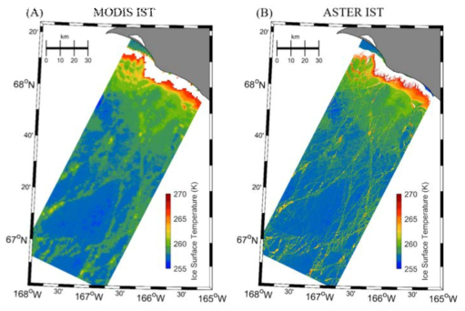 (a) MODIS 해빙표면온도 영상과 (b) ASTER 해빙표면온도 영상. 연안근처의 얇은 얼음과 물을 포함하는 얼음 또는 크레바스 지역에서는 높은 해빙표면온도를 보임 (노란색과 빨간색)