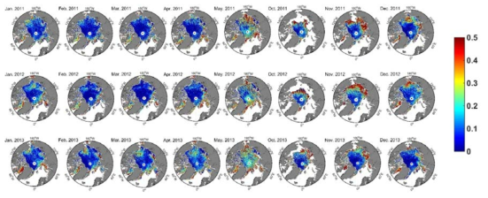 월평균 북극해 리드 분포비율(2011년 과 2013년 1월-5월, 10월-12월)