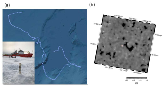 (a) 2019년 북극 항해 중 해빙에 설치한 GPS tracker 및 한달 동안의 해빙 이동 경로. (b) GPS 자료를 이용하여 Sentinel-1 위성레이더 영상에서 확인한 쇄빙선 아라온의 위치(빨간점)