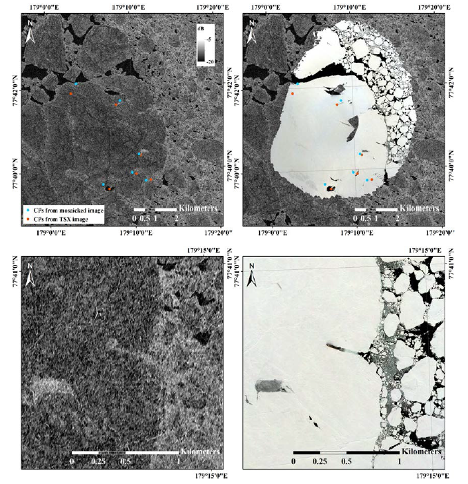 위성 SAR 데이터(좌)와 해빙 흐름이 보정된 현장 획득 고해상도 영상 모자이크(우)의 중첩 도시를 통한 해빙 표면 특성 직접 비교