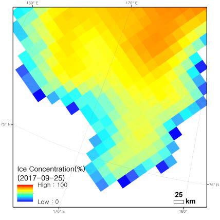 자료처리 기술을 통해 산출된 25km급 공간해상도의 북극해빙농도 위성 정보