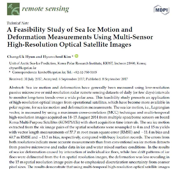 A Feasibility Study of Sea Ice Motion and Deformation Measurements Using Multi-Sensor High-Resolution Optical Satellite Images 논문 (Remote Sensing, mrnIF 85.19)