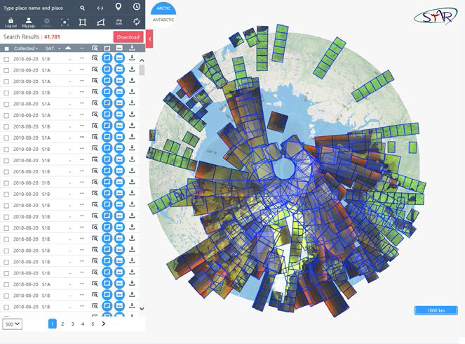 북극 해빙 Sentinel-1 위성 영상 DB 구축 화면(STAR 시스템): 41,781건