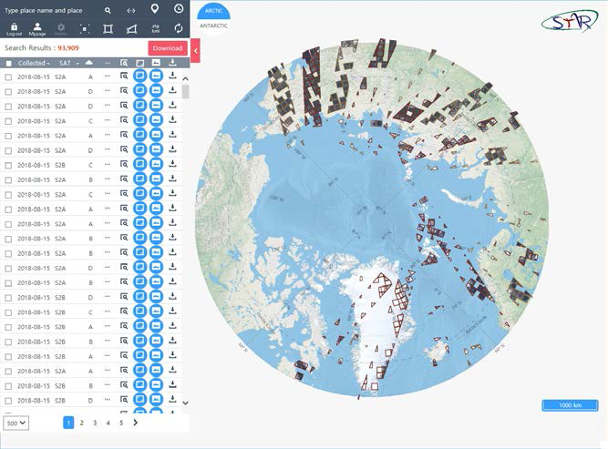 북극 해빙 Sentinel-2 위성 영상 DB 구축 화면(STAR 시스템): 93,909건