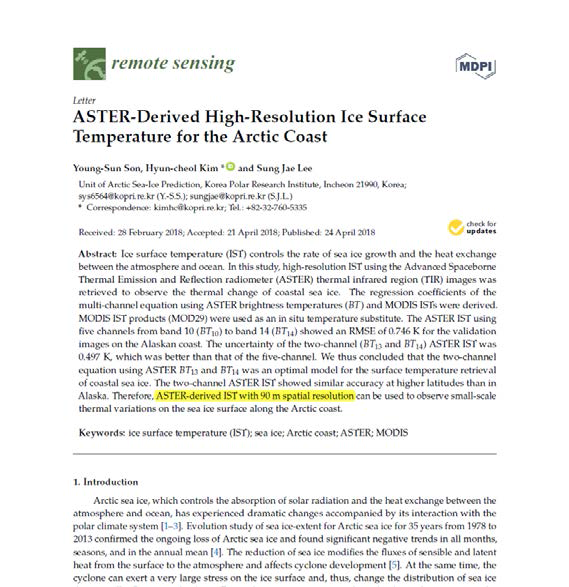 90 m 공간해상도의 해빙표면온도 위성정보 구축 논문(손영선, 김현철, 이성재, Remote Sensing, doi:10.3390/rs10050662 논문 게재)