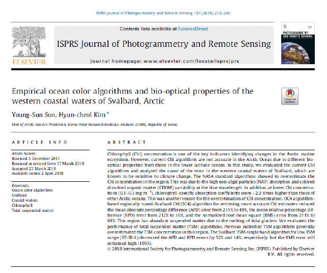 Empirical ocean color algorithms and bio-optical properties of the western coastal waters of Svalbard, Arctic 논문(ISPRS Journal of Photogrammetry and Remote Sensing, mrnIF 97.33)