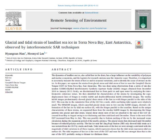 Glacial and tidal strain of landfast sea ice in Terra Nova Bay, East Antarctica, observed by interferometric SAR techniques 논문(Remote Sensing of Environment, mrnIF 95.61)