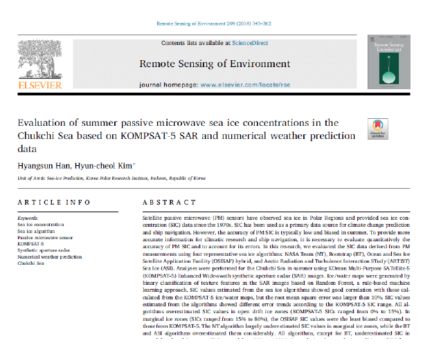 Evaluation of summer passive microwave sea ice concentrations in the Chukchi Sea based on KOMPSAT-5 SAR and numerical weather prediction data 논문(Remote Sensing of Environment, mrnIF 95.61)