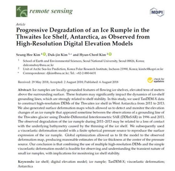 Progressive Degradation of an Ice Rumple in the Thwaites Ice Shelf, Antarctica, as Observed from High-Resolution Digital Elevation Model 논문 (Remote Sensing, mrnIF 78.57)