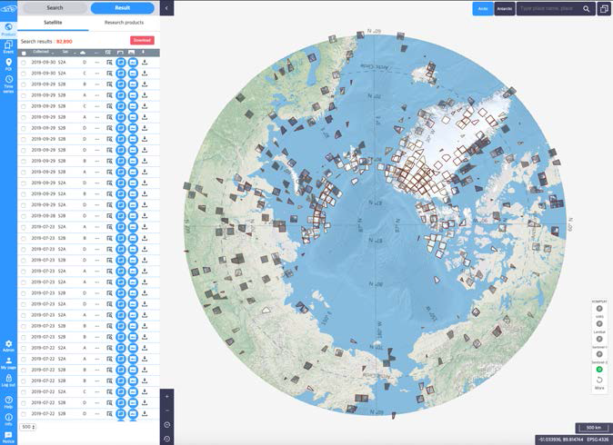 Sentinel-2 위성 빙권영상 DB 구축 화면(STAR 시스템): 82,890건
