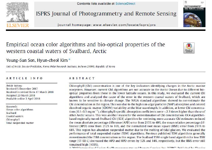 Empirical ocean color algorithms and bio-optical properties of the western coastal waters of Svalbard, Arctic 논문(ISPRS Journal of Photogrammetry and Remote Sensing, mrnIF 100 / JCR2016)
