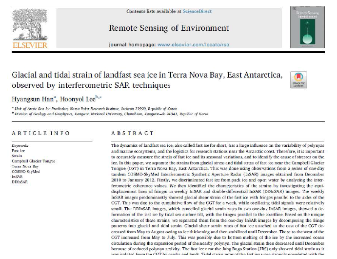 Glacial and tidal strain of landfast sea ice in Terra Nova Bay, East Antarctica, observed by interferometric SAR techniques 논문(Remote Sensing of Environment, mrnIF 95.61 / JCR2016)