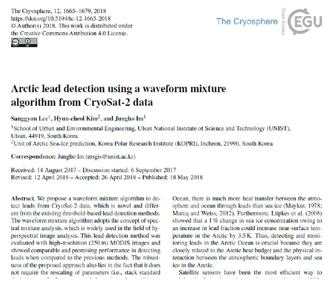 Arctic lead detection using a waveform mixture algorithm from CryoSat-2 data 논문(The Cryosphere, mrnIF 96.26 / JCR2016)