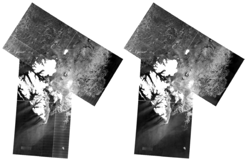 스발바르와 주변 해빙을 촬영한 Sentinel-1 HV 편파 영상의 열잡음 보정 전과 후