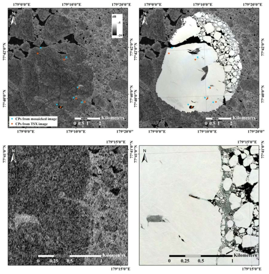 위성 SAR 데이터(좌)와 해빙 흐름이 보정된 현장 획득 고해상도 영상 모자이크(우)의 중첩 도시를 통한 해빙 표면 특성 직접 비교