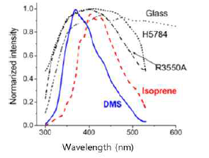 오존화확분광시 나타나는 DMS 및 Isoprene의 파장별 intensity 변화 (Toda et al., 2008)