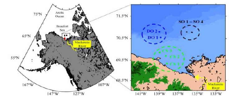 북극해 미세입자 모사실험 연구 지역 (8개 관측 지점 포함)