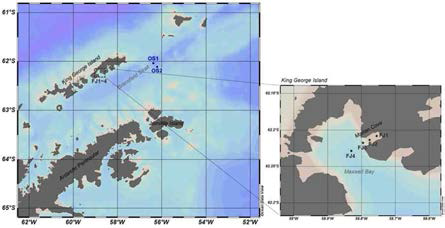남극해(King George Island 인근) 해양 용존 유기물 시료 분석 연구 지역 (6개 관측 지점 포함) 및 세종기지 인근 미세입자 모사 실험 연구 지역 (14개 관측지점 포함)
