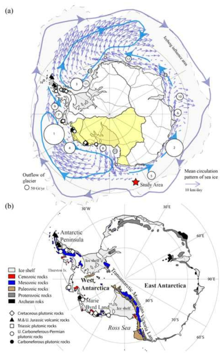 남극대륙 빙하의 유출양(Rignot et al ., 2008), 남극대륙 주변 해류와 유빙의 이동 방향(Colling, 2001; Vaughan et al., 2013). 남극대륙의 지질, 호주-남극해령 KR1 DG05 함몰지에서 획득된 빙하이동물질의 연대와 남극대륙 내 예상 산출지 비교