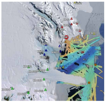 새롭게 추가된 해저지진관측망(O182, O183, O184)과 기 취득된 해저지진계(O171) 위치