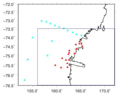 TAMNNET 광대역 지진관측망 위치(하늘색 삼각형)와 극지연구소 지진관측망 위치 (붉은 삼각형)
