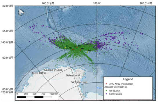 수중음파 관측망에서 관측된 빙하와 지진신호 위치(총 14,182개 신호관측: 빙하신호 13,466개, 지진신호: 711개, 알 수 없는 음원: 5개)