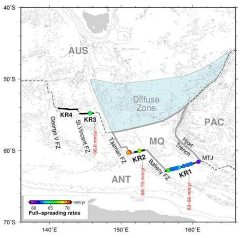 호주-남극 중앙해령 KR1~KR4 주변의 지판구조 및 해양자력탐사를 통해 측정된 각 중앙해령 분절들의 확장속도 분포