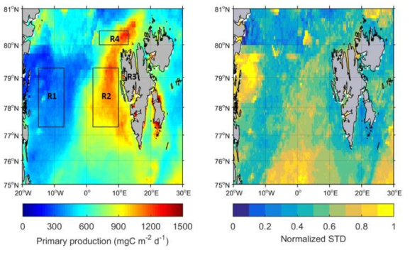 스발바드 주변해역의 일차생산력 평균 및 정규화한 표준편차의 공간 분포