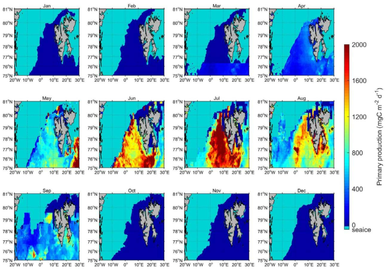 2016년 월별 해빙농도 (15% 이상)와 평균 일차생산력 공간 분포. 그림에서 서북쪽의 청녹색이 해빙분포를 나타냄 (오른쪽 color bar 참조)