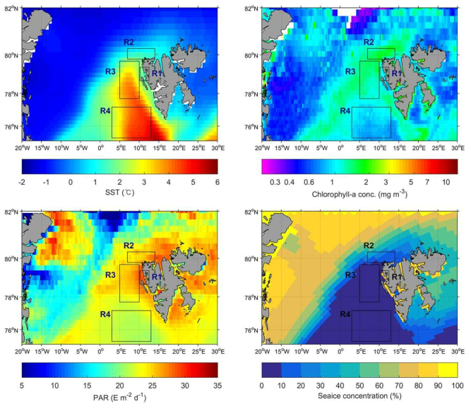 지난 20년간(1998 - 2017년) 평균 표층수온(Sea Surface Temperature, SST), 엽록소 농도(Chlorophyll-a concentration), 광량(Photosynthetically Available Radiance, PAR) 그리고 해빙농도(Seaice concentration)의 공간분포