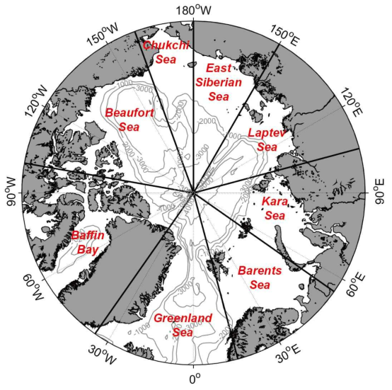 일차생산력 분석을 위한 지역별 북극해 지도(Pabi et al. 2008 참고)