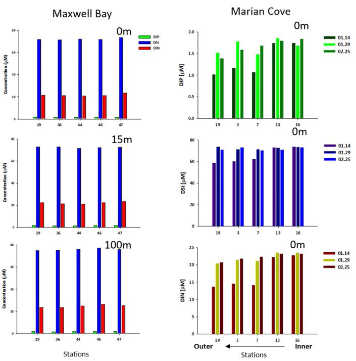 Concentration of nutrients in the Marian Cove and Maxwell Bay