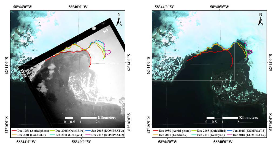 Retreat of Potter Cove glacier: glacier termini overlaid on remote sensing images acquired in Dec 1956 (left) and Dec 2018 (right)