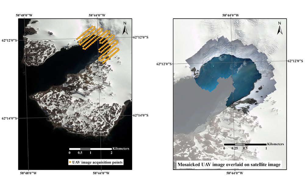 Locations of UAV image acquisition in 2017/2018 (left) and mosaicked UAV image overlaid on satellite image (right)