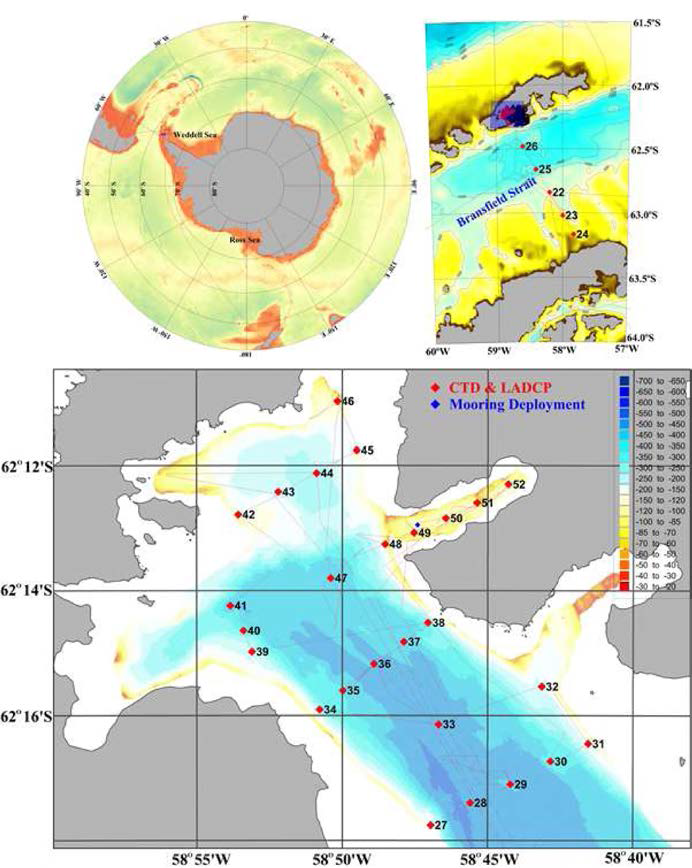 Hydrographic station (red dot) including temperature, salinity and current and station of long-term current observation system (blue dot) in the 2018 ARAON survey (ANA08D)