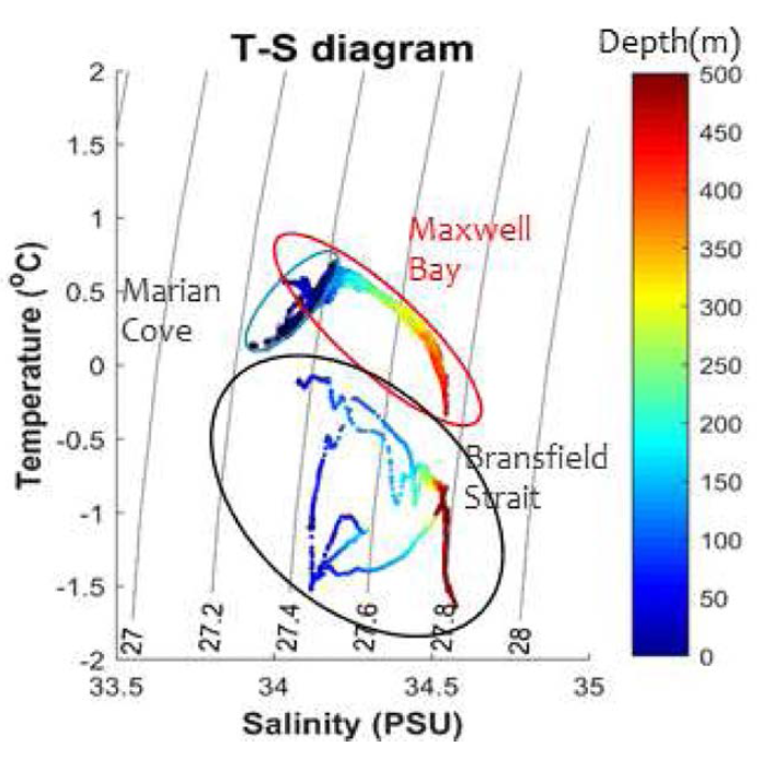 Temperature-salinity diagram for Bransfield strait(black circle), Maxwell Bay (red circle), and Marian Cove(green circle) in the 2018 ARAON survey (ANA08D). Dot color represents observation depth