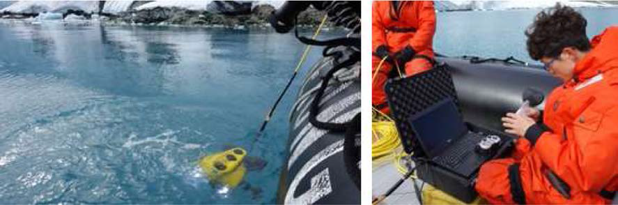 ROV operation on a rubber boat for investigating benthic communities