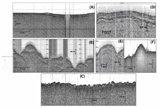 CHIRP seismic facies classification: (A) seismic facies 1; (B) seismic facies 2; (C) seismic facies 3; (D) seismic facies 4; (E) seismic facies 5; (F) seismic facies 6