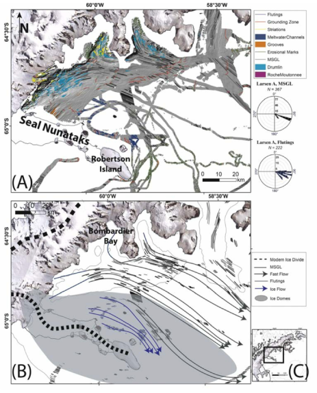 Larsen A embayment: (A) Relief-shaded bathymetric map with no exaggeration, shaded from the northwest. Inner labels of the rose diagram correspond to the bin value of all azimuthal data at each reference circle level. (B) Ice streaming and flow map for the Larsen A embayment. Gray arrows indicate fast, or streaming, ice flow. Blue arrows indicate general ice flow direction. Gray polygons indicate ice domes, after Lavoie et al. (2015). Black dashed lines indicate the modern ice divide. (C) Location of Larsen A embayment on the AP. Background images by LIMA, bathymetric contour interval of 500 m from IBSCO (Arndt et al., 2013)