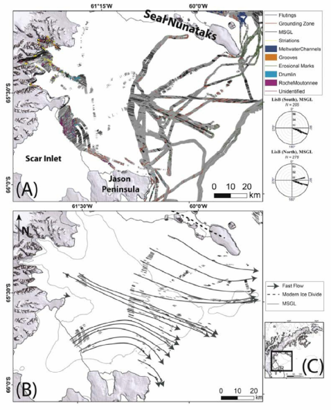 Larsen B embayment: (A) Relief-shaded bathymetric map with no exaggeration, shaded from the northwest; inner labels of the rose diagram correspond to the bin value of all azimuthal data at each reference circle level. (B) Ice streaming and flow map for the Larsen B embayment. Gray arrows indicate fast, or streaming, ice flow. Black dashed lines indicate the modern ice divide. (C) Location of Larsen B embayment on the AP. Background images by LIMA, bathymetric contour interval of 500 m from IBSCO (Arndt et al., 2013)