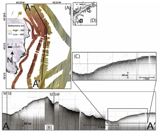 Northern Larsen C Ice Shelf system: (A) Shaded relief map, showing subbottom profiles line A-A′ . (B) Uninterpreted subbottom profile A-A′, vertical exaggeration is 55:1. (C) Close- up inset of sediment package from A-A′. (D) Location of CHIRP line on the AP