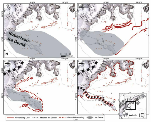 Grounding line reconstruction for the Larsen A embayment. Solid red thin and thick lines indicate mapped grounding zone features; dashed red line indicates inferred grounding zone features. Black dashed lines indicate the modern ice divide; gray areas show locations of proposed ice domes (after Lavoie et al., 2015). (A) At the LGM, the entire region was covered by grounded ice; (B) early retreat grounding line geometry; (C) later retreat grounding line geometry; (D) estimated modern day grounding line; (E) location of Larsen A embayment on the AP. Background images by LIMA; bathymetric contour interval of 500 m from IBSCO (Arndt et al., 2013)