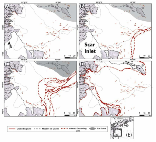 Grounding line reconstruction for the Larsen B embayment. Solid thin and thick red lines indicate mapped grounding zone features; dashed red line indicates inferred grounding zone features. Black dashed lines indicate the modern ice divide; gray areas show locations of proposed ice domes (after Lavoie et al., 2015). (A) At the LGM, the entire region was covered by ice. (B) early stages of deglacial geometry; (C) later stages of deglacial geometry; (D) latest deglacial grounding lines and estimated modern day grounding line; (E) location of Larsen B embayment on the AP. Background images by LIMA; bathymetric contour interval of 500 m from IBSCO (Arndt et al., 2013)