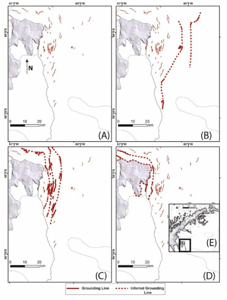 Grounding line reconstruction for the Larsen C Ice Shelf system. Solid red thin and thick lines indicate mapped grounding zone features; dashed red line indicates inferred grounding zone features. (A) At the LGM, the entire region was covered by grounded ice; (B) early geometry; (C) later geometry; (D) estimated modern day grounding line; (E) location of Larsen C Ice Shelf system on the AP. Background images by LIMA; bathymetric contour interval of 500 m from IBSCO (Arndt et al., 2013)