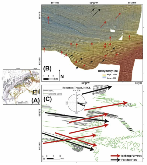 (A) Location of Robertson Trough in outer shelf area (southeast of James Ross Island and Larsen A embayment). (B) Robertson Trough: MSGL set, oriented southeast (black arrows) cut by iceberg furrows (red arrows). Shading from northeast, no exaggeration. Arrow length is arbitrary. (C) Megascale glacial lineations (thin black lines) and iceberg furrows (thin green lines), overlain by red and black arrows indicating primary directional sets. The iceberg furrow sets include randomly oriented furrows, primarily on the east side of the area shown, and furrows in subparallel sets. Arrow length is arbitrary